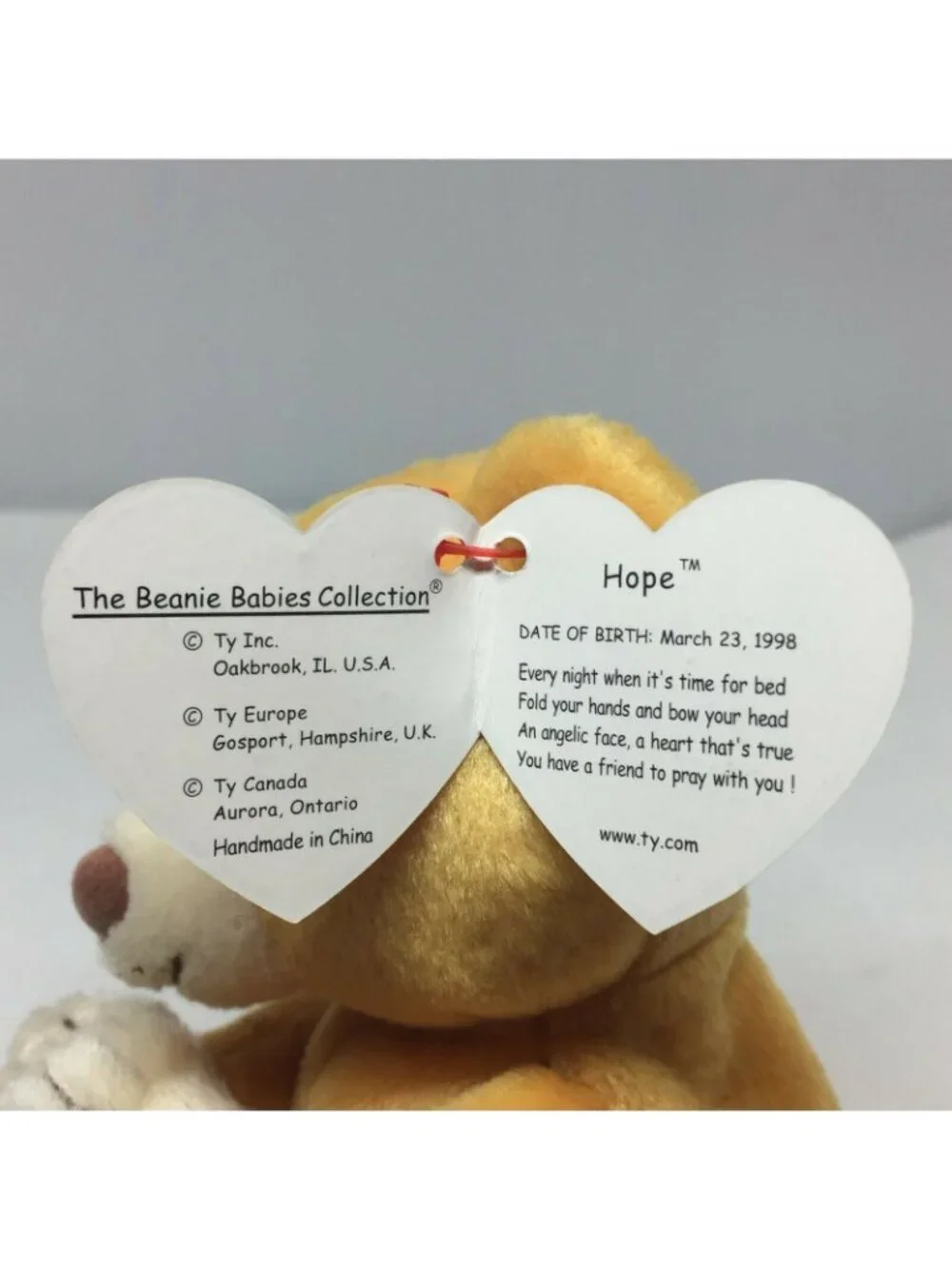 Ty Beanie Baby Hope Bear Brown Praying Plush Stuffed Animal W Tag March 23 1998